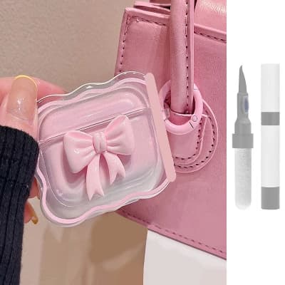 HTUTWOO Compatible with AirPods Pro 2/1 Case , 3D Bow Pattern iPods Pro 2 Cases with Keychain, Protective Case,Cleanner Kit for Girls Women-Pink - Image 1
