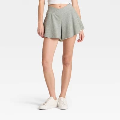 Women's High-Rise Crossover Waistband French Terry Shorts - JoyLab™ Heathered Gray M - Image 1