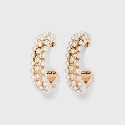 Round Pearl Hoop Earrings - A New Day™ Gold: Nickel-Free Metal, Zinc, Post Closure, 0.8" Length, 0.59" Width, Pearl Stone - Image 1