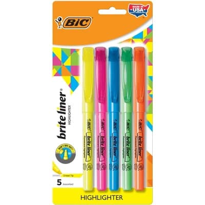 BiC 5pk Highlighter Brite Liner Assorted: Medium Point, Multicolored Ink, Art & Office Supplies, Highlighters for School - Image 1
