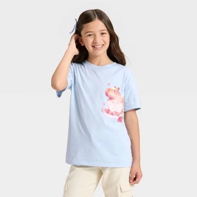 Girls' Short Sleeve Oversized Capybara Graphic T-Shirt - Cat & Jack™ Light Blue XL - Image 1
