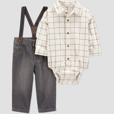 Carter's Just One You® Baby Boys' 2pc Plaid Suspender Top & Bottom Set - Ivory Newborn