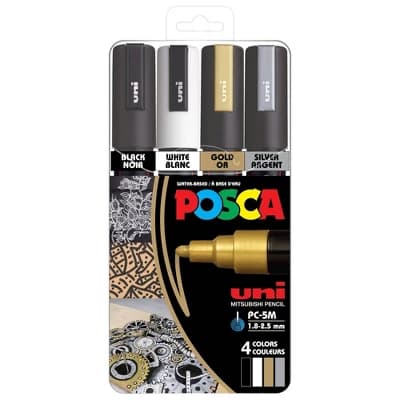 uniball POSCA PC-5M Water Based Paint Markers in Metallic Colors - Medium Tip (1.8-2.5mm) - 4 Pack: Paint Pens Acrylic - Image 1