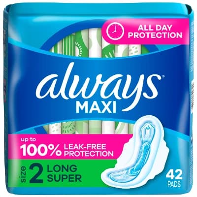 Always Maxi Pads Long Super Absorbency Unscented with Wings - Size 2 - 42ct - Image 1