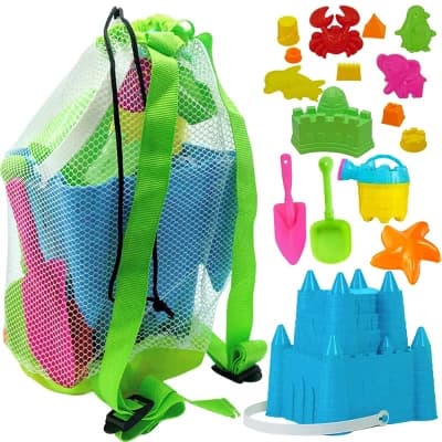 4E's Novelty 17 Pc Kids Beach Toys Set w/ Bucket, Shovels, Molds & Mesh Bag, Sand Box Fun - Image 1