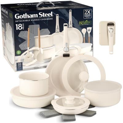 Gotham Steel Nonstick Pots and Pans 18 Piece Ceramic Induction Cookware Kitchen Set Detachable Handles Frying Skillet, Cream - Image 1
