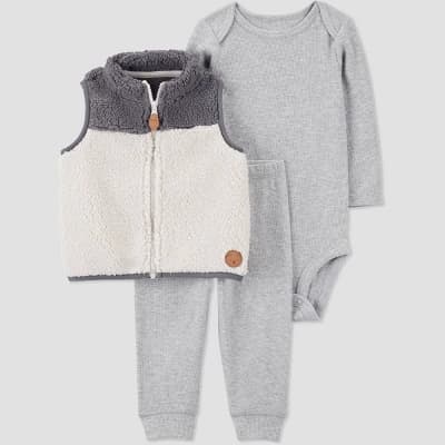 Carter's Just One You®️ Baby Boys' Colorblock Vest 3pc Top & Bottom Set - Cream/Gray 18M - Image 1