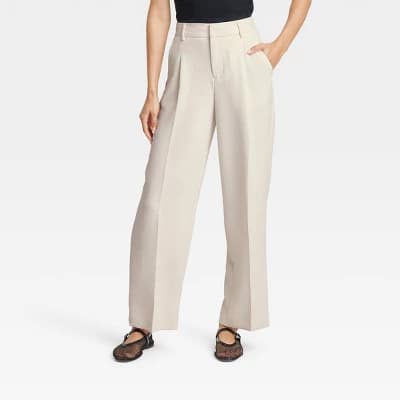 Women's Signature Crepe Essential Trouser - A New Day™ Off-White 6: High Rise, Straight Leg, Back Elastic, Fly Hook Closure - Image 1
