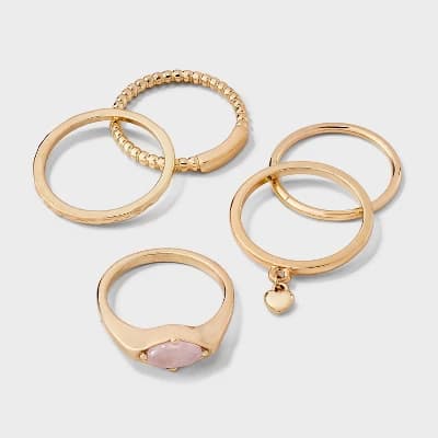 Rose Quartz and Heart Charm Ring Set 5pc - Universal Thread™ Gold - Image 1