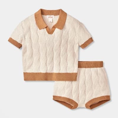 Baby Cable Sweater Top & Bottom Set - Cat & Jack™ Cream Newborn: Midweight Jacquard Knit, Cotton Viscose Blend, Elastic Waistband - Image 1