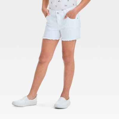 Girls' Cutoff Mid-Rise Jean Shorts - Cat & Jack™ White M: Adjustable Waistband, Stretch Denim