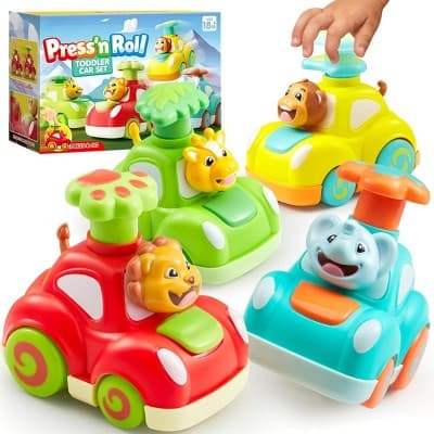 Joyfy Animal Toy Cars, 4Pcs Jungle Fun Press & Go Car Set - Elephant, Monkey, Giraffe, Lion, Wind Up Toddler Toy Birthday Gift for Kids Boys Girls