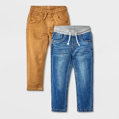 Toddler Boys' 2pk Pull-On Straight Fit Jeans - Cat & Jack™ Blue Denim/Brown 2T: Solid Pattern, Front Drawstring, Below Knee Length