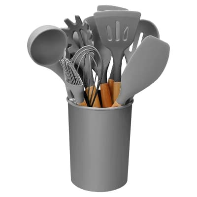 NewHome"11-Piece Silicone Cooking Utensil Set with Wooden Handles, Heat-Resistant, Includes Holder & Tools"Grey - Image 1