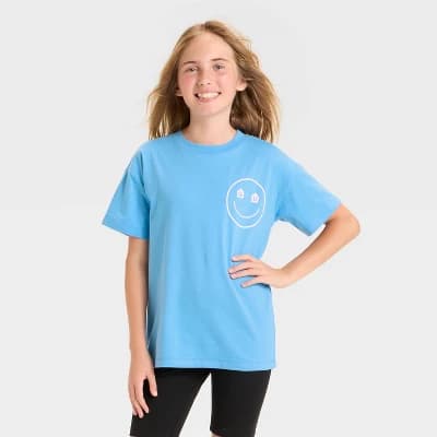 Girls' Short Sleeve Oversized Tulum Graphic T-Shirt - Cat & Jack™ Bright Blue XS - Image 1
