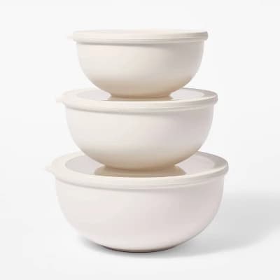 6pc (set of 3) Plastic Mixing Bowl Set with Lids Cream - Figmint™: Nesting, Dishwasher & Microwave-Safe - Image 1