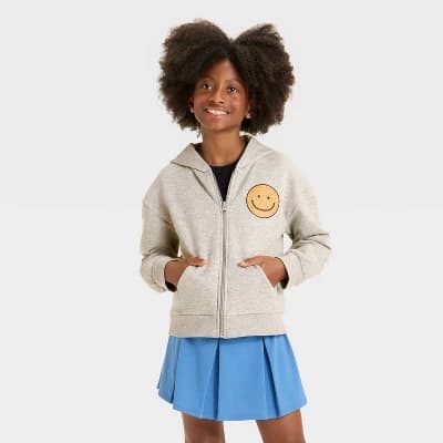 Girls' Zip-Up Smiley Fleece Hooded Sweatshirt - Cat & Jack™ Heather Gray L Plus - Image 1