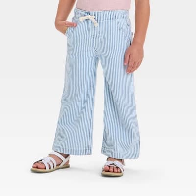 Toddler Girls' Wide Leg Pull-On Pants - Cat & Jack™ Light Blue 3T: Midweight Denim, Relaxed Fit, Elastic Waistband - Image 1