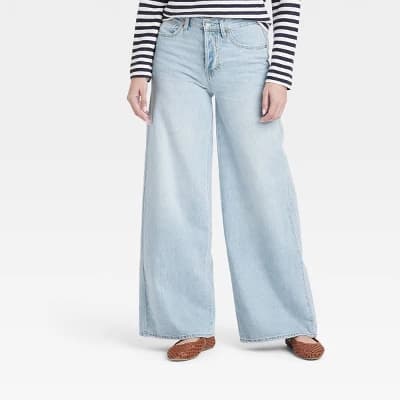 Women's Mid-Rise Super Wide Leg Jeans - Universal Thread™ Light Wash 14 Short - Image 1