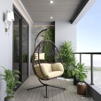 ALAULM Egg Swing Chair Indoor Outdoor Patio Wicker Rattan Hanging Egg Chair with Stand, Hammock Swing with Cushioned Headrest, 350LB Capacity,Cream - Image 1