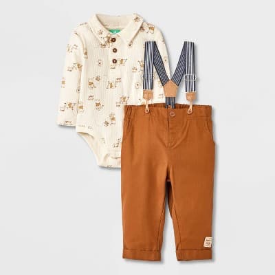 Baby Boys' 2pc Disney Winnie the Pooh Long Sleeve Bodysuit & Pants Suspender Set - Brown Newborn