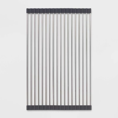 Over the Sink (Roll Away) Dish Drainer Silver - Brightroom™: Stainless Steel Drying Rack Mat, Hand Wash, 20.5"x13" - Image 1