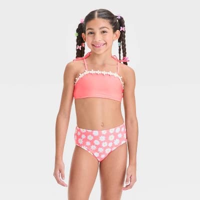 Girls' Simple Daisy Floral Printed Bikini Set - Cat & Jack™ Pink L: UPF 50+, Recycled Polyester, 2-Piece Swimwear - Image 1
