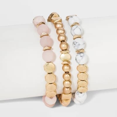 Semi-Precious White Howlite & Sunstone Stretch Multi-Strand Bracelet Set 3pc - Universal Thread™ Worn Gold: Quartz Beaded Jewelry - Image 1