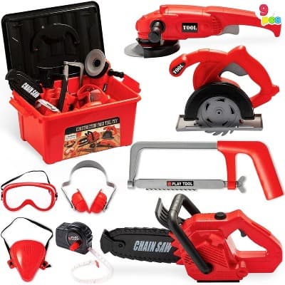Joyfy 9Pcs Kids Tool Set with Construction Worker Box & Drill Chainsaw, Pretend Play Toddler Tool Toys for Boy Girl Birthday Dress Up Party Favors