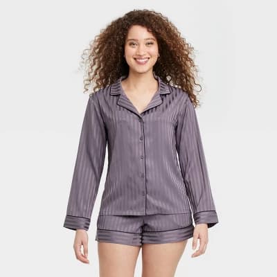 Women's Luxury Collection Shadow Striped Satin Notch Collar Top and Shorts Pajama Set - Auden™ Deep Purple M: Recycled Polyester - Image 1