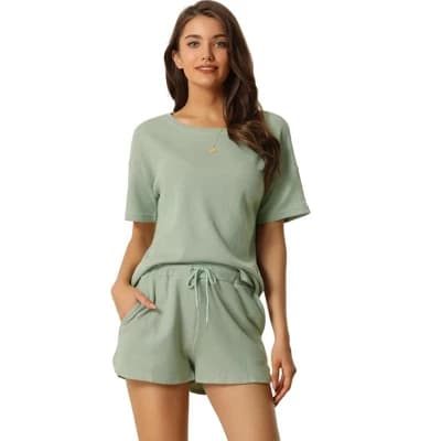cheibear Women's Casual Pullover Short Sleeve Sleepshirt with Shorts Waffle Knit Lounge Pajama Sets Large Green - Image 1