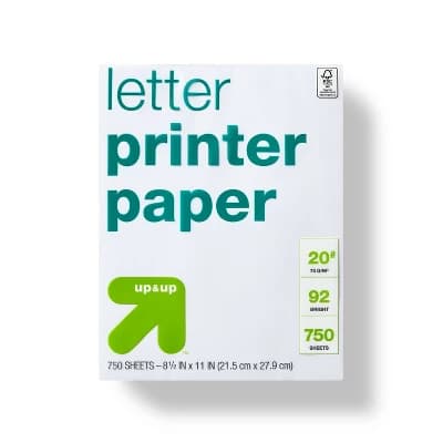 750 Sheets Letter Printer Paper White - up&up™: 8.5x11 Inch, 20 lb, 92 Brightness, Stationery, Office Supplies - Image 1