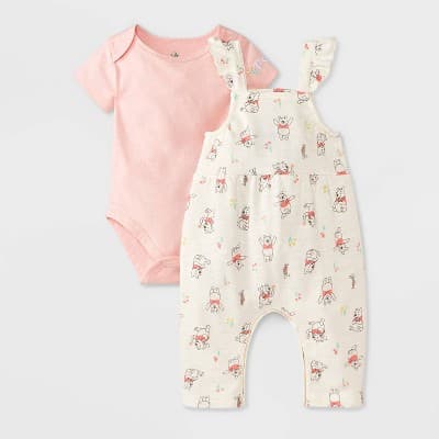 Toddler Girls' 2pc Disney Winnie The Pooh Overalls & Bodysuit Set - White/Pink 12M - Image 1