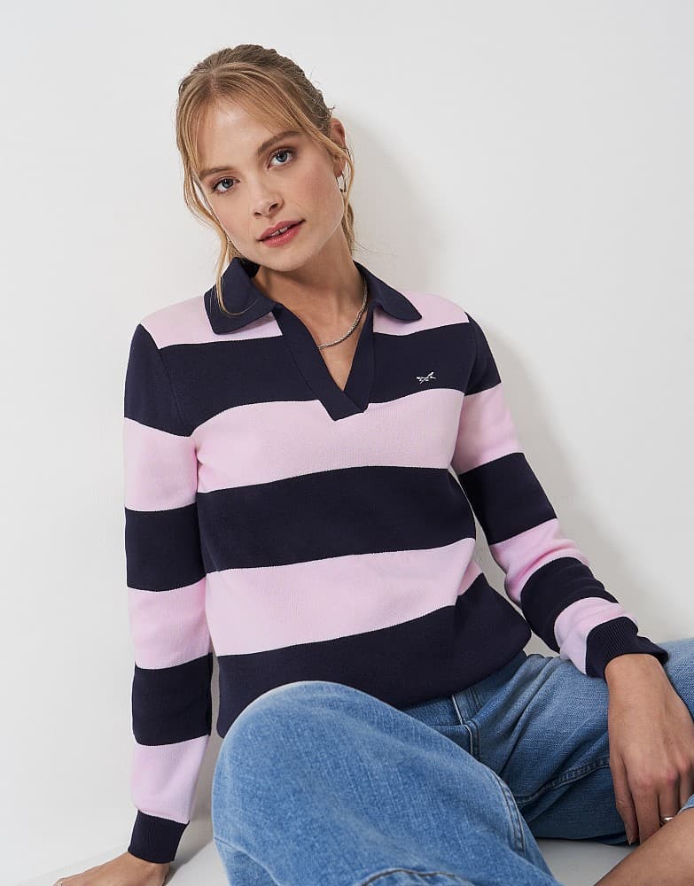 Knitted Rugby Shirt in Pink Navy Stripe - Image 1