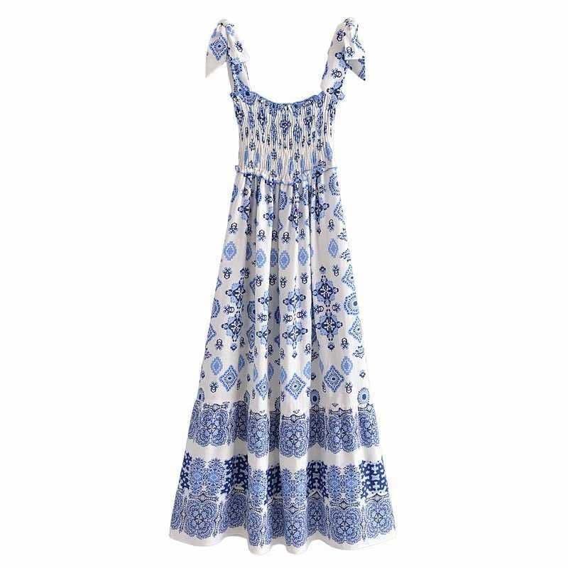Summer Floral Smocked Dress for Women: Knotted Straps, Elastic Bust, Midi Length - Image 1