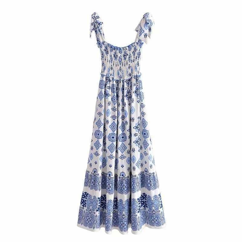 Summer Floral Smocked Dress for Women: Knotted Straps, Elastic Bust, Midi Length thumbnail 2