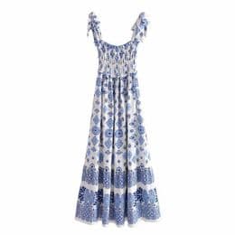 Summer Floral Smocked Dress for Women: Knotted Straps, Elastic Bust, Midi Length thumbnail 14