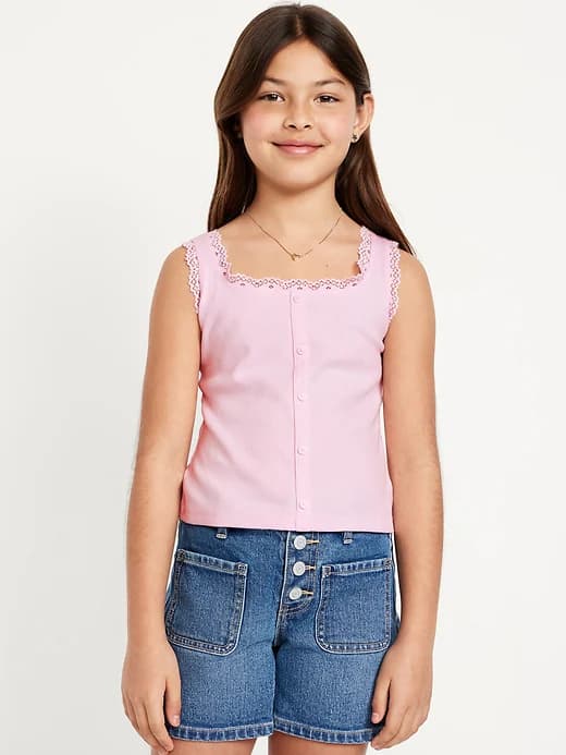 Fitted Button-Front Ribbed Tank Top for Girls - Image 1