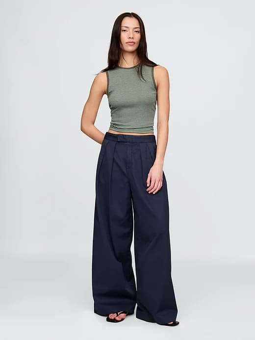 High Rise Twill Pleated Wide-Leg Khakis - Image 1