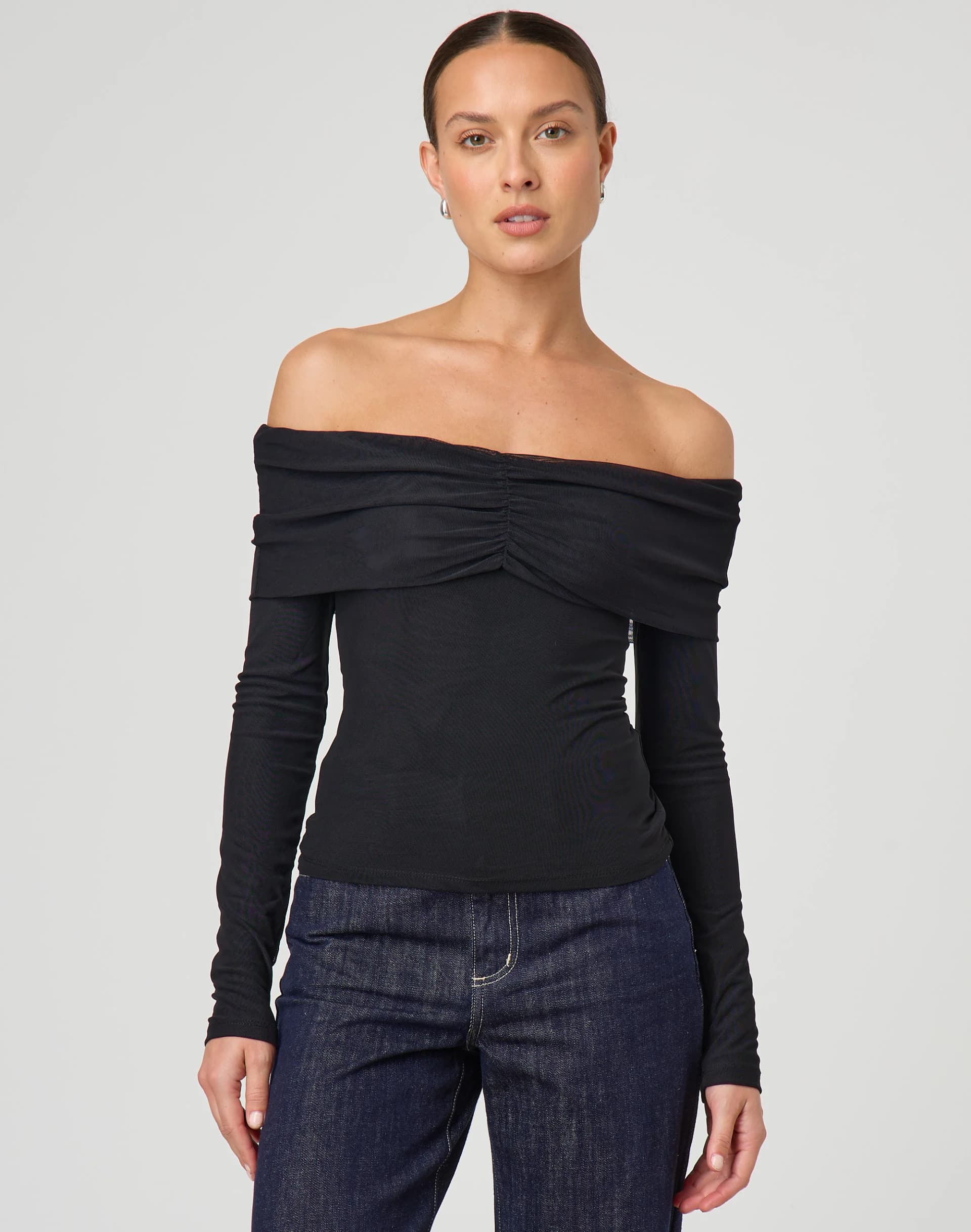 Mesh Off Shoulder Long Sleeve Top - Image 1