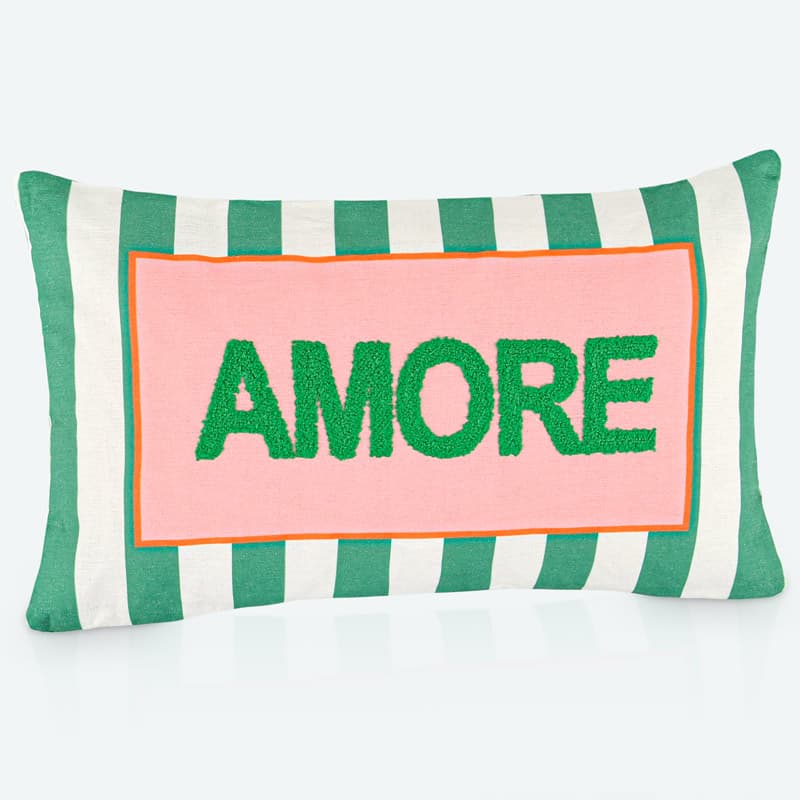 Coussin tufté imprimé 'Amore' vert et rose - Image 1