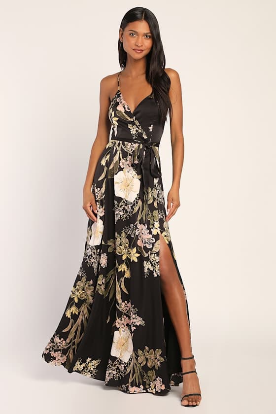 Black Floral Print Satin Maxi Dress