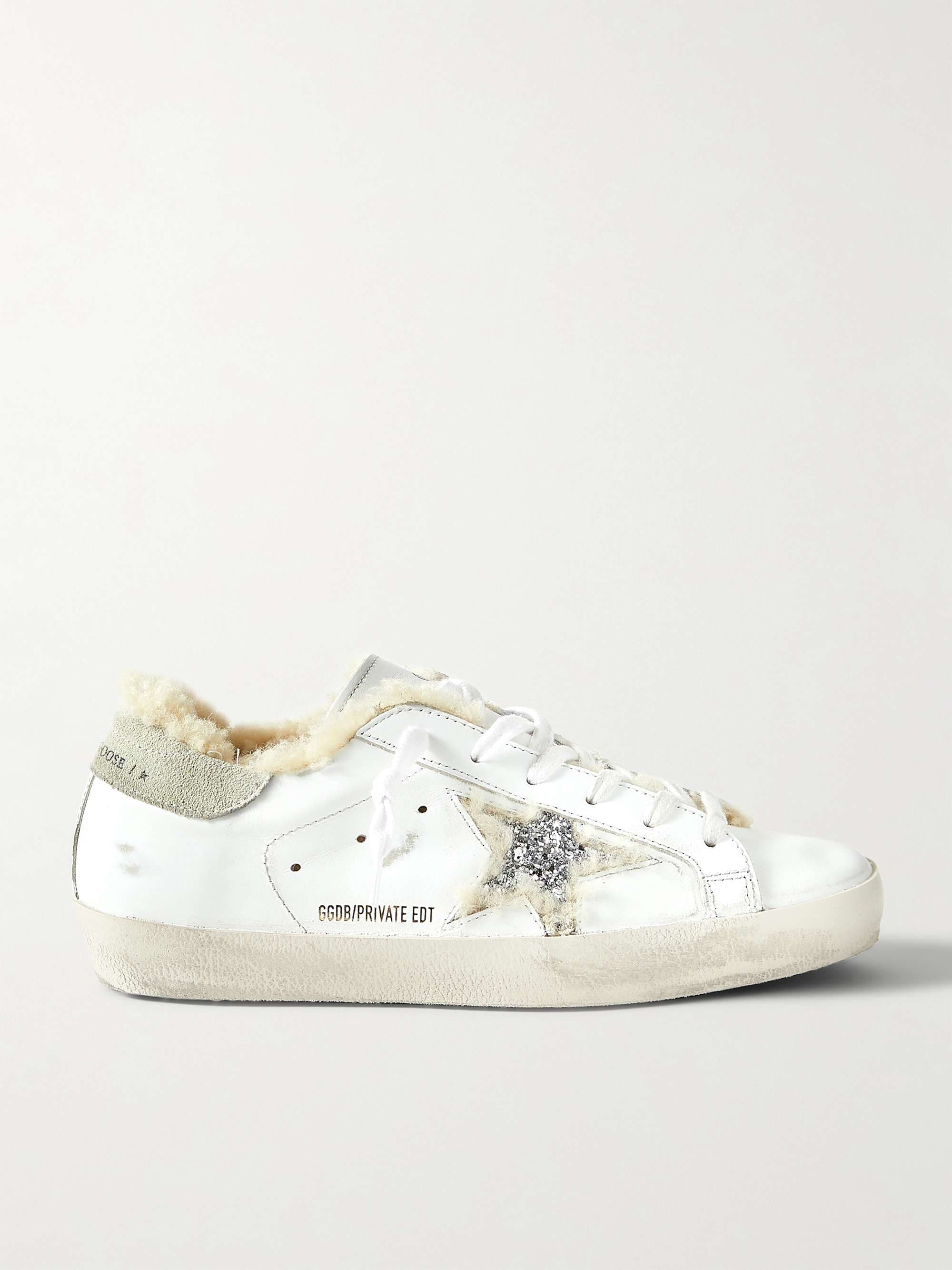 Superstar shearling-lined distressed glittered leather sneakers - white - IT35