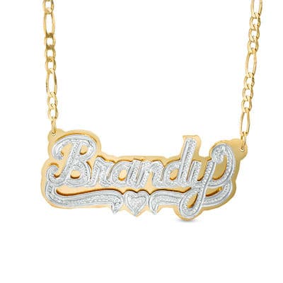Diamond Accent Hammered Name and Heart Ribbon Accent Plate Necklace in Sterling Silver and 24K Gold Plate (1 Line) thumbnail 4