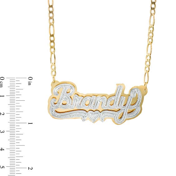 Diamond Accent Hammered Name and Heart Ribbon Accent Plate Necklace in Sterling Silver and 24K Gold Plate (1 Line) thumbnail 7
