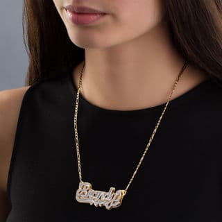 Diamond Accent Hammered Name and Heart Ribbon Accent Plate Necklace in Sterling Silver and 24K Gold Plate (1 Line) thumbnail 15