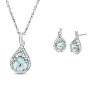 Aquamarine and Lab-Created White Sapphire Twisted Teardrop Pendant and Drop Earrings Set in Sterling Silver thumbnail 5
