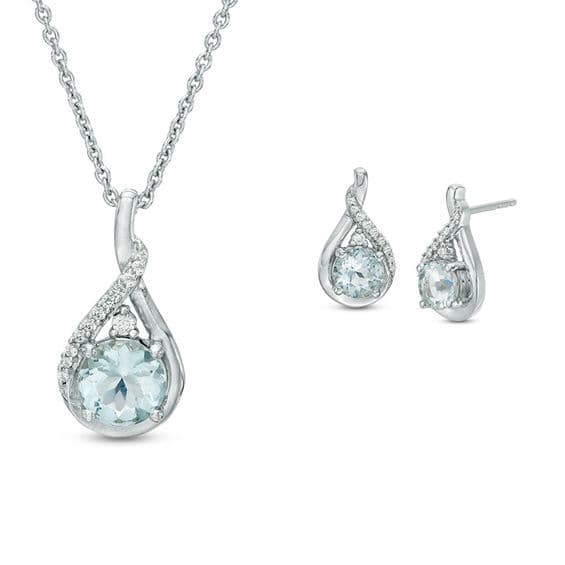 Aquamarine and Lab-Created White Sapphire Twisted Teardrop Pendant and Drop Earrings Set in Sterling Silver thumbnail 2