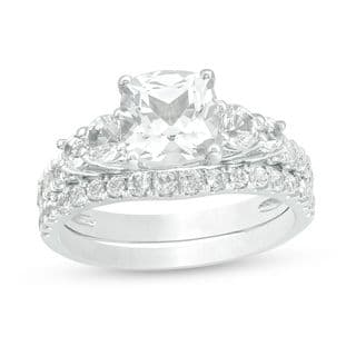 7.0mm Cushion-Cut Lab-Created White Sapphire Bridal Set in Sterling Silver thumbnail 5