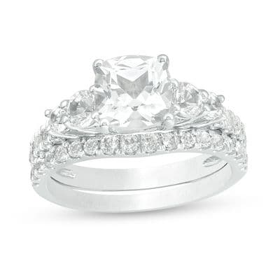 7.0mm Cushion-Cut Lab-Created White Sapphire Bridal Set in Sterling Silver thumbnail 4
